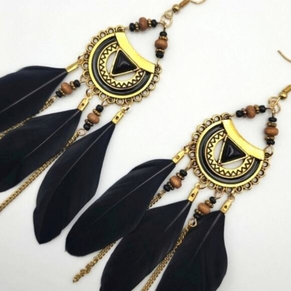 Black Boho Feather Earrings - Picture 1 of 2